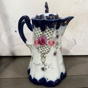 Antique Vintage Chocolate Pot Cobalt Blue Floral Porcelain Pristine Unmarked